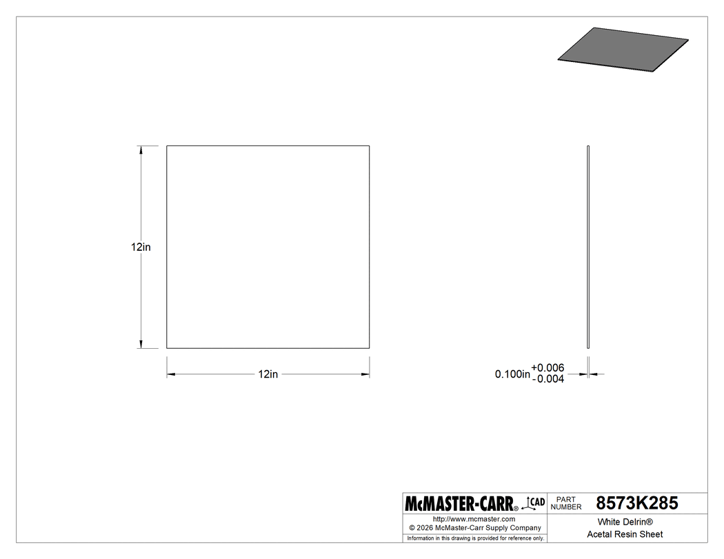 Technical Drawing of White Delrin® Acetal Resin Sheet, 0.10" Thick, 12" x 12".
